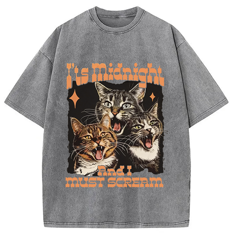 Modecanvas It's Midnight And I Must Scream Cat DTG Printing Washed T-Shirt