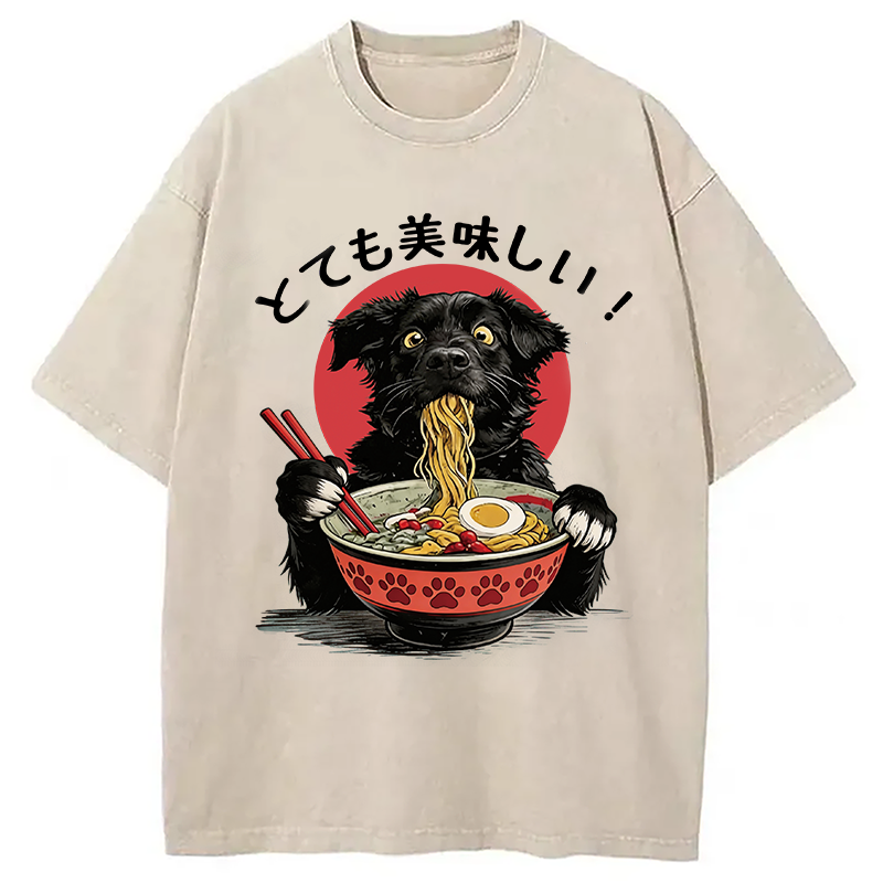 Modecanvas Dog Eating Ramen Joyfully DTG Printing Washed T-Shirt