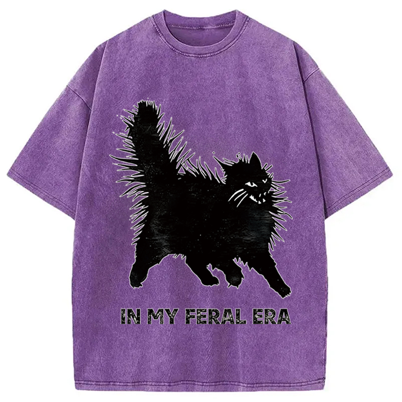 Modecanvas Wild Black Cat DTG Printing Washed T-Shirt