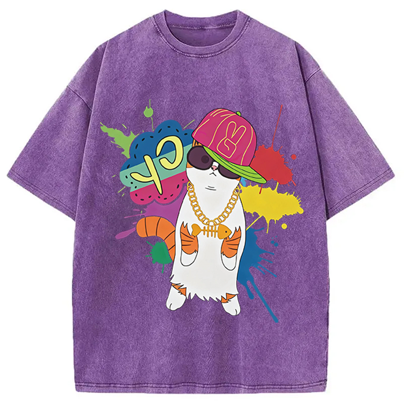 Modecanvas Hip Hop Cat DTG Printing Washed T-Shirt