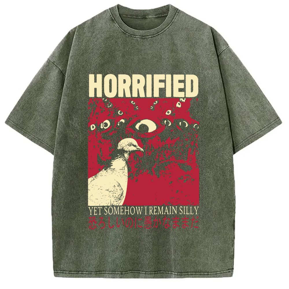 Modecanvas Horrified Pigeon Vintage DTG Printing Washed T-Shirt-modecanvas