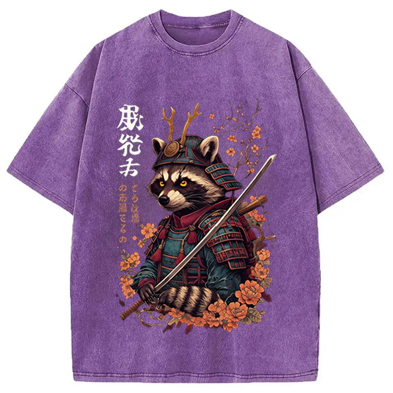 Modecanvas Japanese Raccoon Art DTG Printing Washed T-Shirt-modecanvas