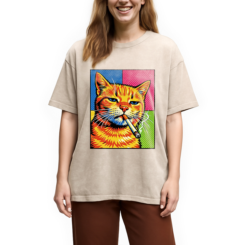 Modecanvas Cat Smoking Cigarette DTG Printing Washed T-Shirt