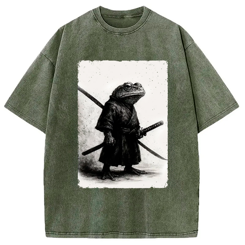 Modecanvas Retro Frog Samurai Japanese Washed T-Shirt