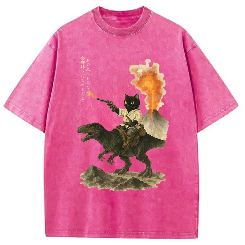Modecanvas Cat Riding A Dinosaur Washed T-Shirt-modecanvas