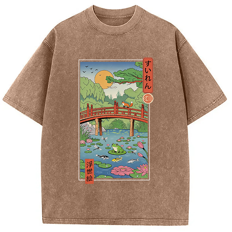 Modecanvas Water Lilies Ukiyo-e DTG Printing Washed T-Shirt