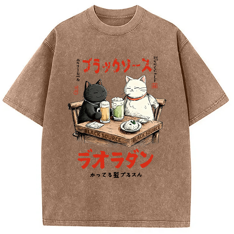 Modecanvas Funny Drinking Cat DTG Printing Washed T-Shirt