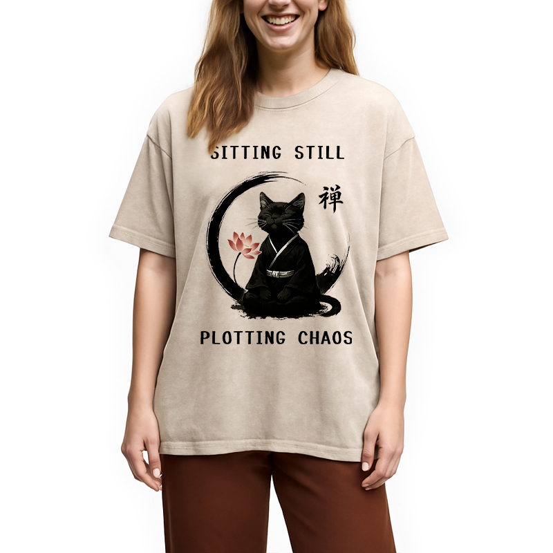 Modecanvas Sitting Calming Zen Cat Washed T-Shirt