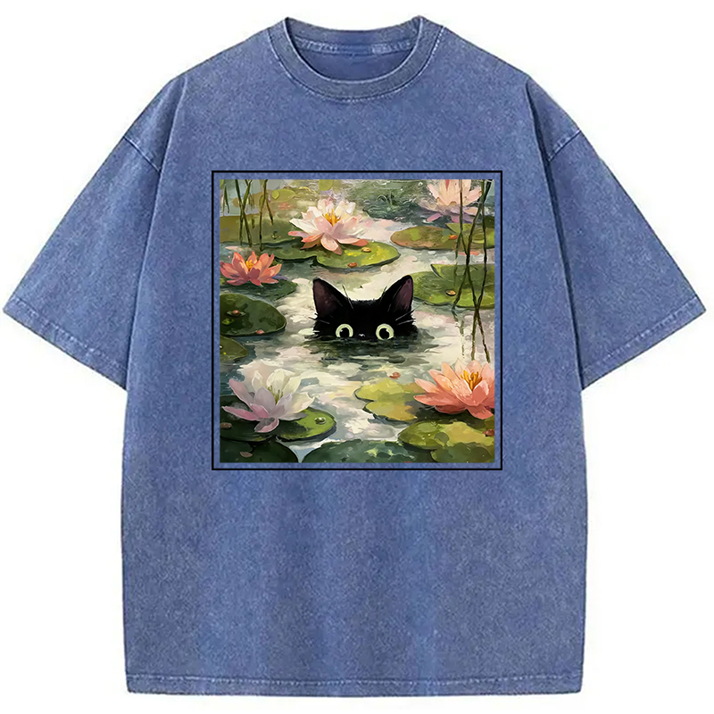 Modecanvas Black Cat and Lotus Flower Washed T-Shirt