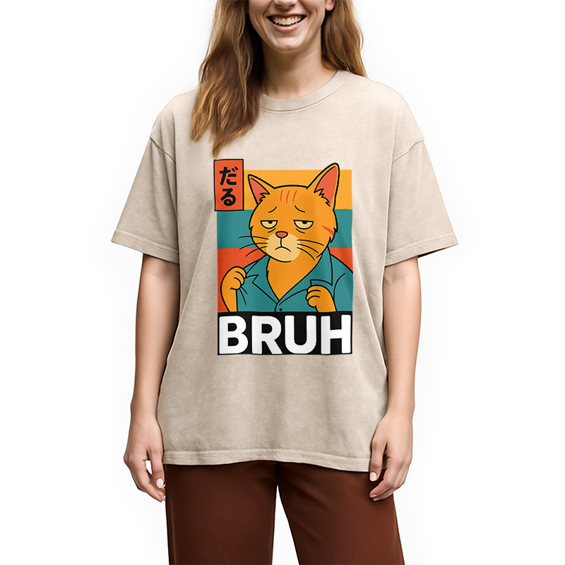 Modecanvas Funny Cat Bruh Meme Washed T-Shirt