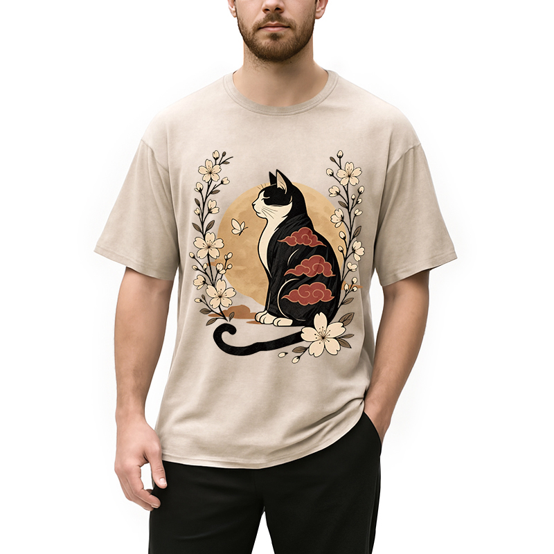 Modecanvas Kawaii Japanese Cat DTG Printing Washed T-Shirt-modecanvas