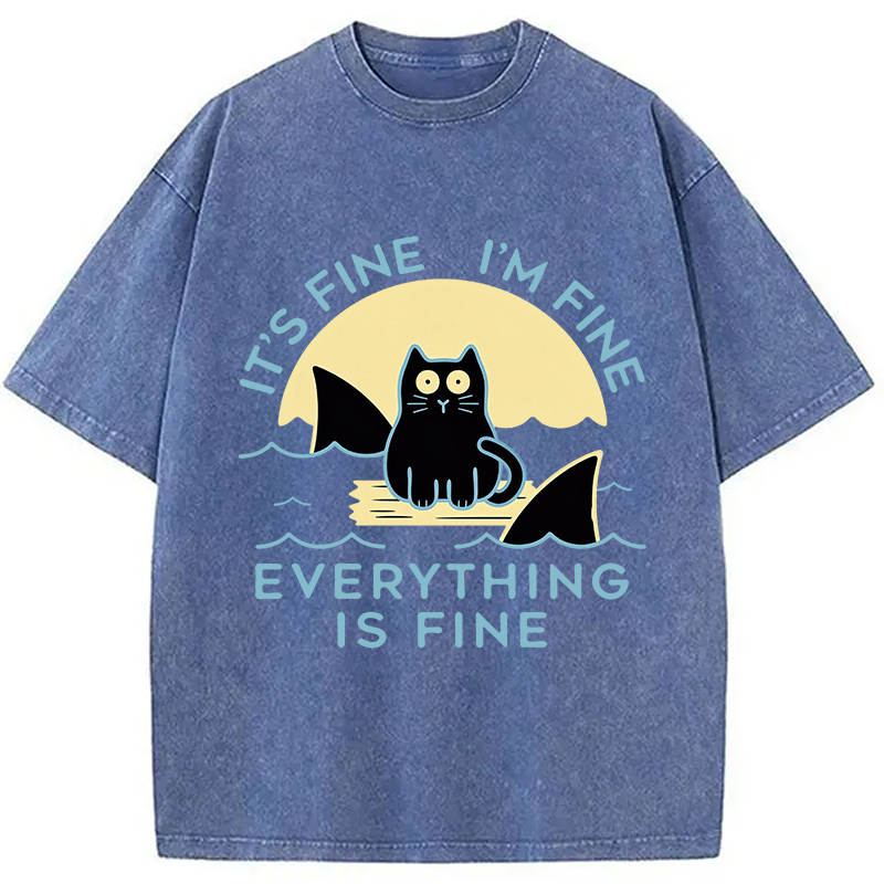 Modecanvas Everything Is Fine Cat Sea DTG Printing Washed T-Shirt