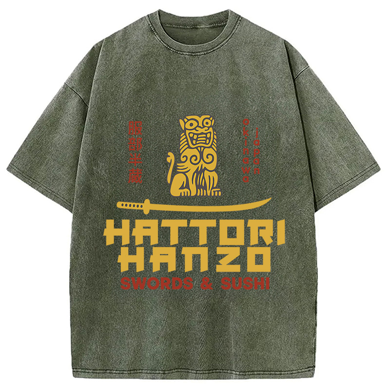 Modecanvas intage Japanese Samurai Sword Action Kill Washed T-Shirt