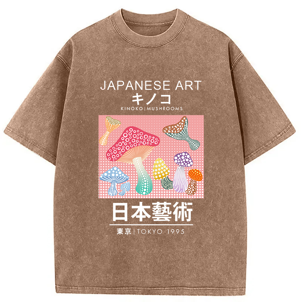 Modecanvas Pink Mushroom Japanese Art Washed T-Shirt
