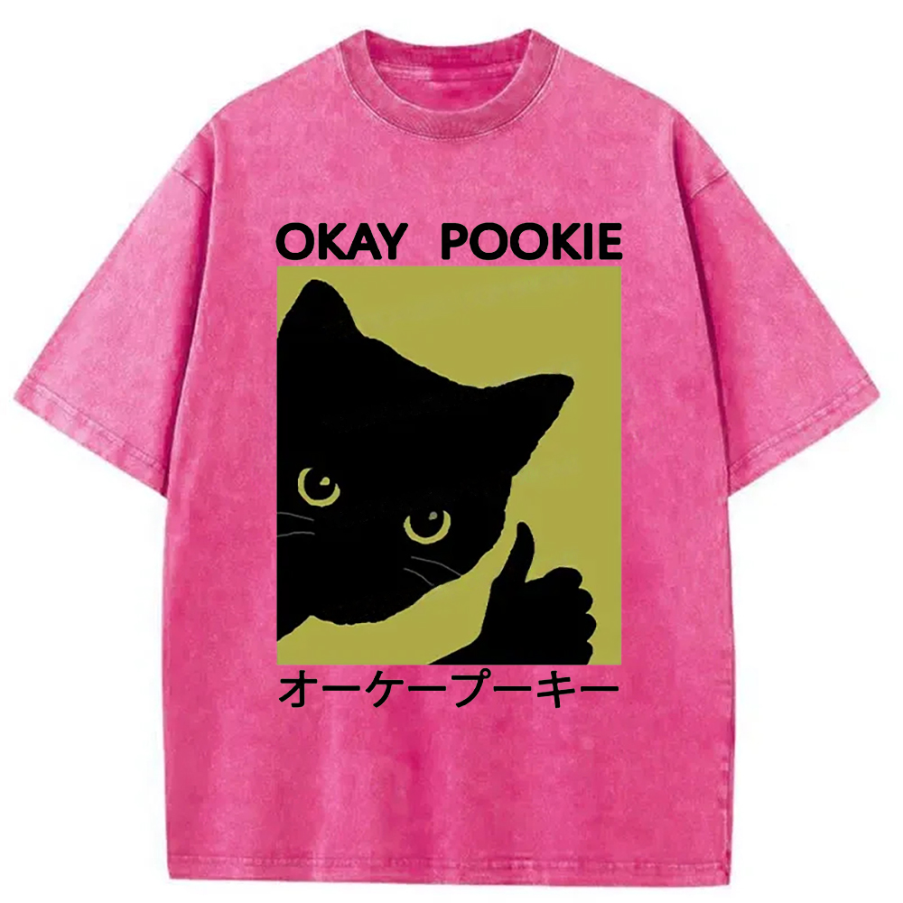 Modecanvas Okay Pookie Cat Washed T-Shirt-modecanvas