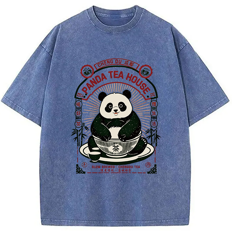Modecanvas Panda Tea House DTG Printing Washed T-Shirt