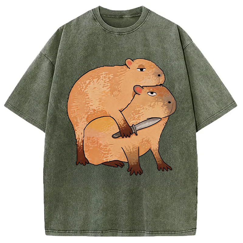 Modecanvas Capybara With Knife Funny DTG Printing Washed T-Shirt
