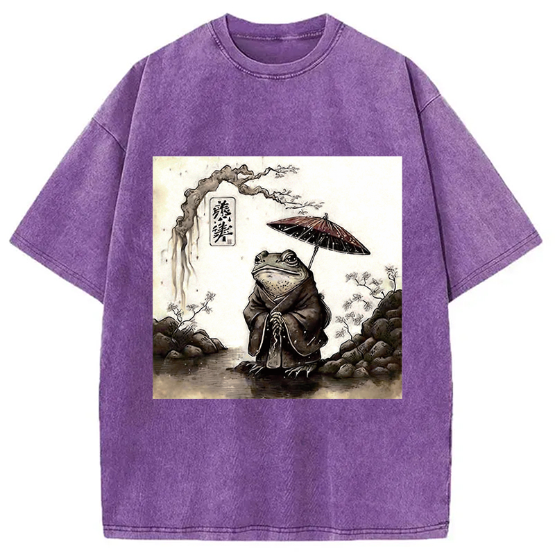 Modecanvas Rainy Day Frog DTG Printing Washed T-Shirt-modecanvas