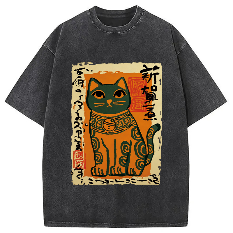 Modecanvas Lucky Cat DTG Printing Washed T-Shirt