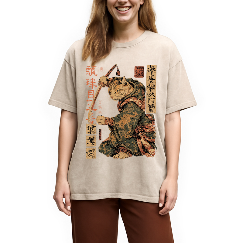 Modecanvas Japanese Katana Warrior Cat DTG Printing Washed T-Shirt-modecanvas