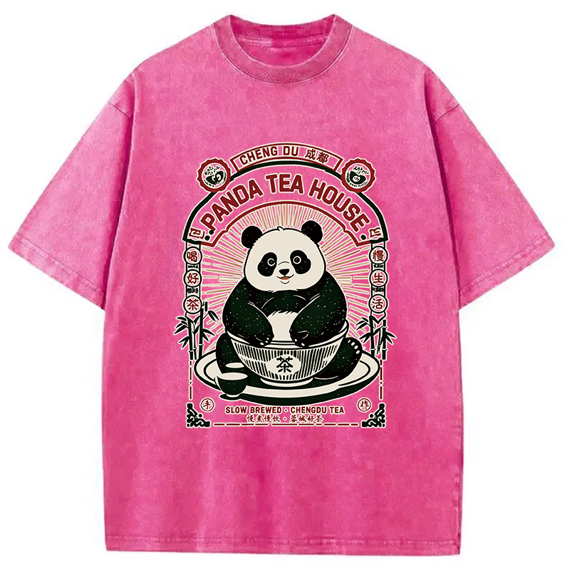 Modecanvas Panda Tea House DTG Printing Washed T-Shirt