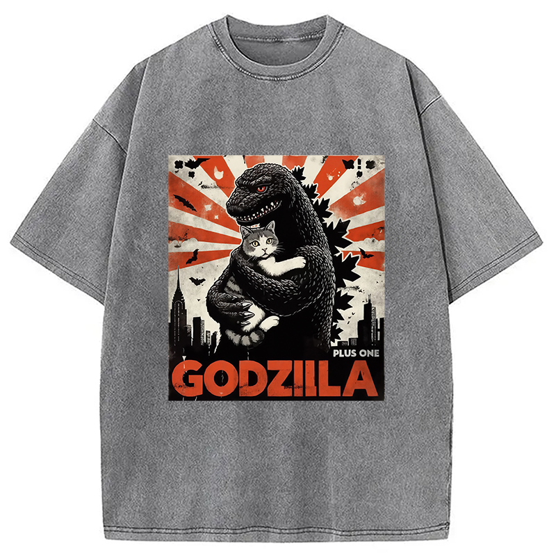 Modecanvas Catzilla Funny Monster And Cat Vintage Washed T-Shirt