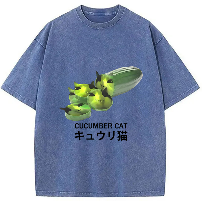 Modecanvas Funny Cucumber Cat Meme Washed T-Shirt