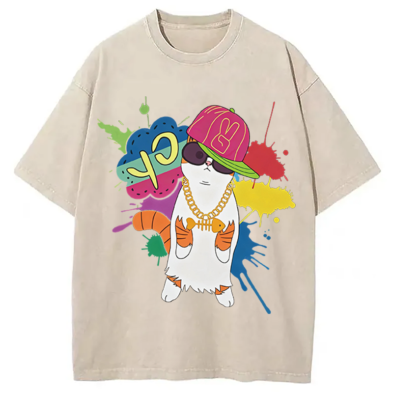 Modecanvas Hip Hop Cat DTG Printing Washed T-Shirt