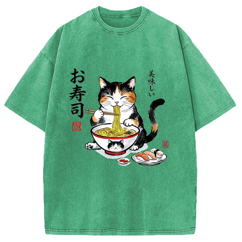 Modecanvas Cats Eat Japanese Food DTG Printing Washed T-Shirt