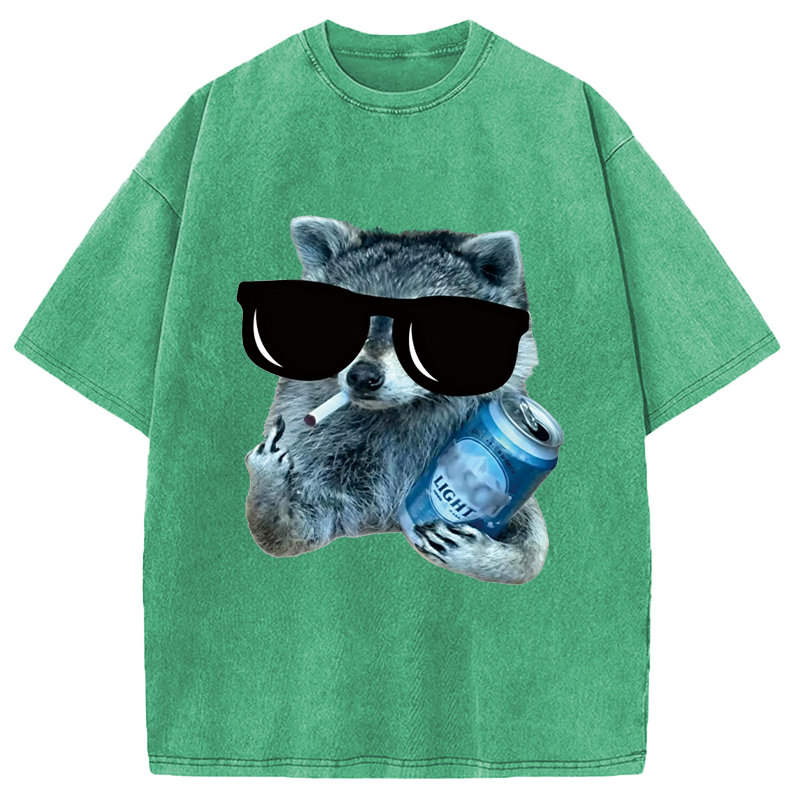 Modecanvas Raccoon Drinking Beer DTG Printing Washed T-Shirt