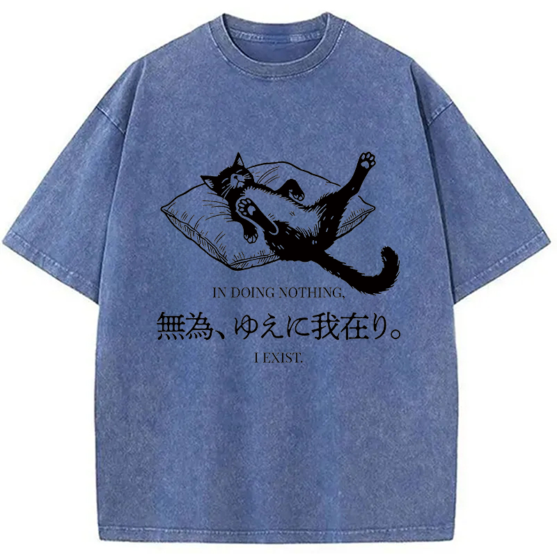 Modecanvas Minimalist Lazy Cat DTG Printing Washed T-Shirt-modecanvas