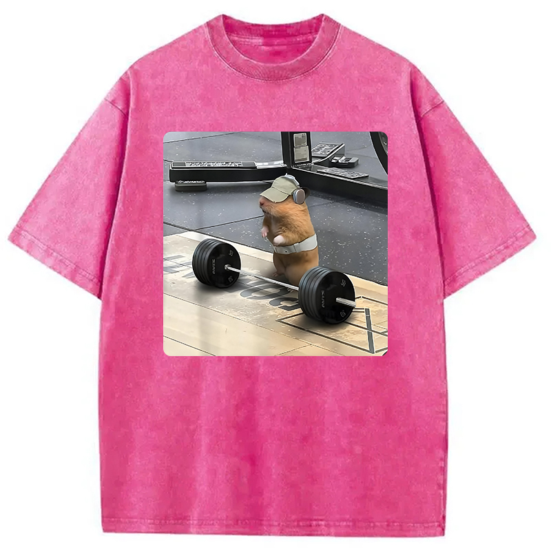 Modecanvas Funny Cute Rat Weightlifting Meme Washed T-Shirt-modecanvas