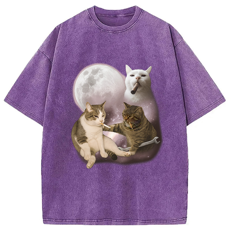 Modecanvas Three Cat Smoking Retro Washed T-Shirt