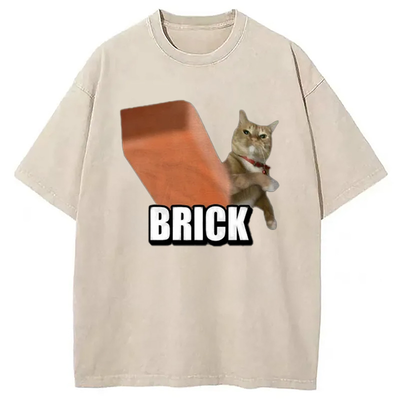 Modecanvas Funny Cat Throwing Brick Washed T-Shirt