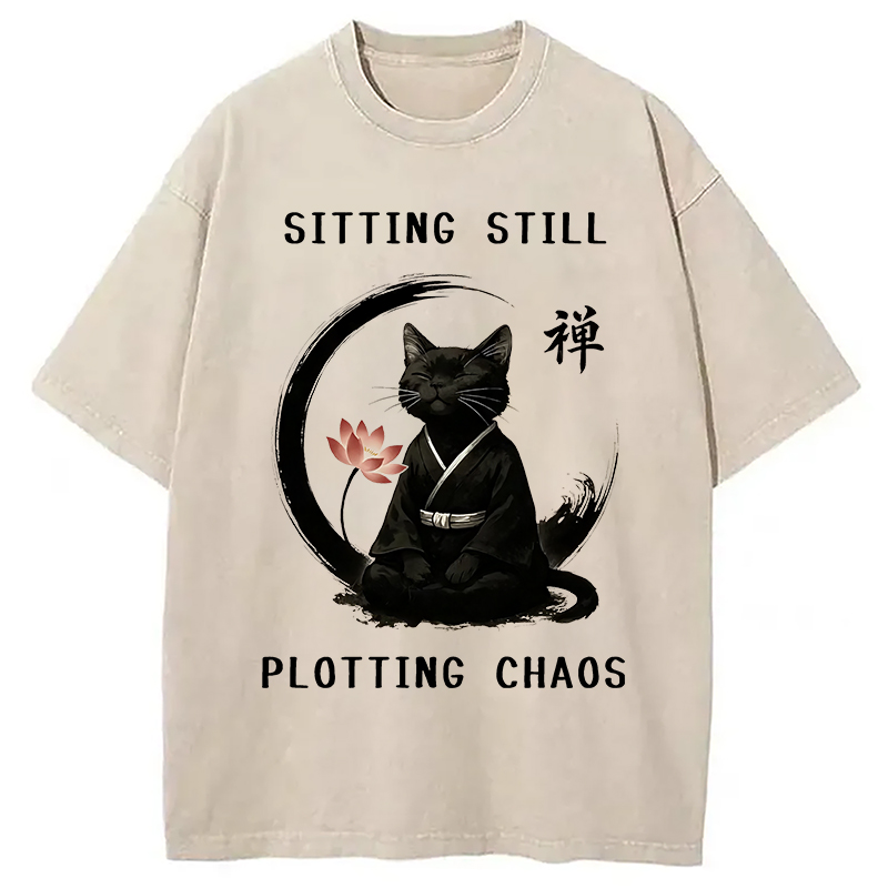 Modecanvas Sitting Calming Zen Cat Washed T-Shirt