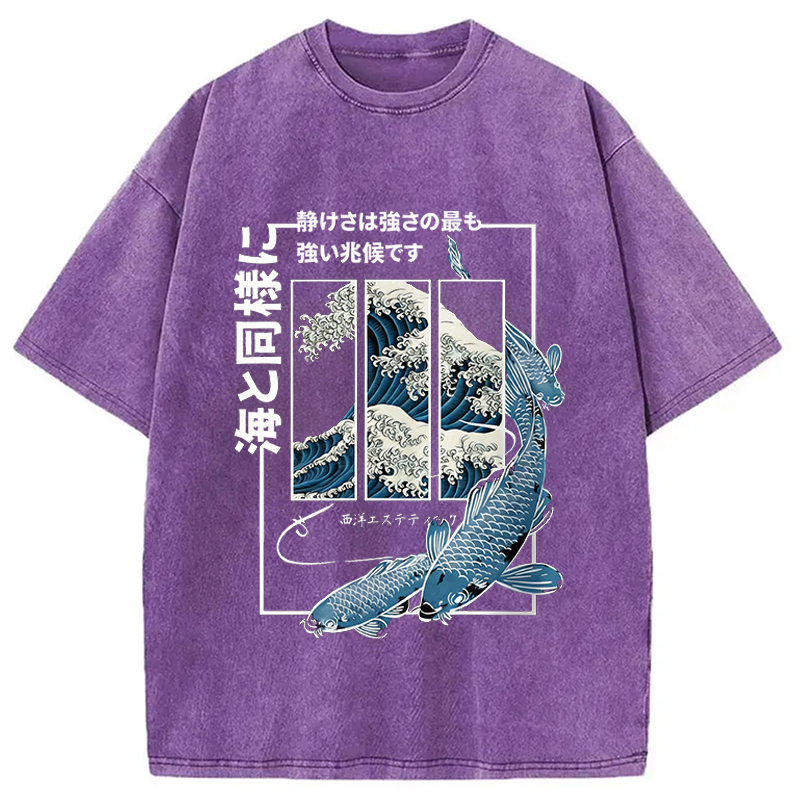 Modecanvas Japanese Koi Fish Great Wave DTG Printing Washed T-Shirt