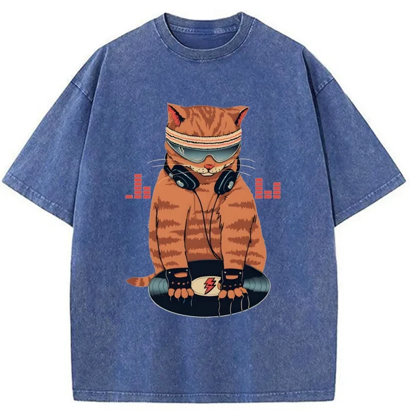 Modecanvas Funny Cat DJ Washed T-Shirt