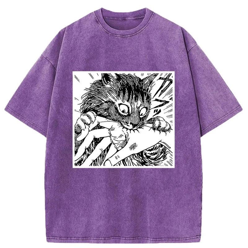Modecanvas Creepy Cat Anime Horror Anteater Washed T-Shirt