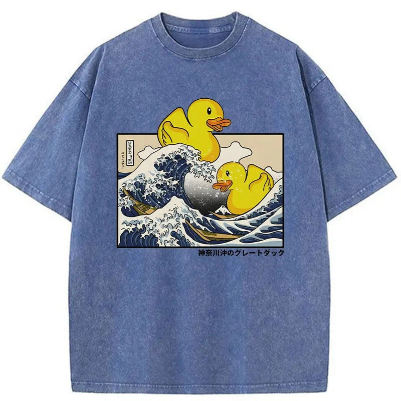 Modecanvas Ukiyoe Waves And Cute Yellow Duck Washed T-Shirt-modecanvas