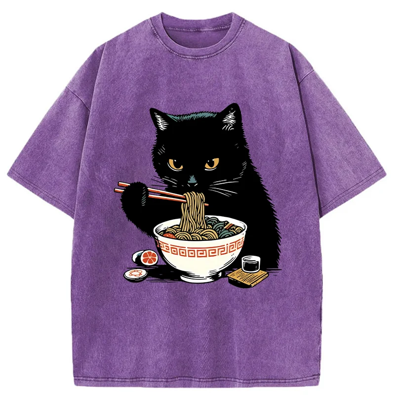 Modecanvas Cat Eating Favorite Ramen Washed T-Shirt