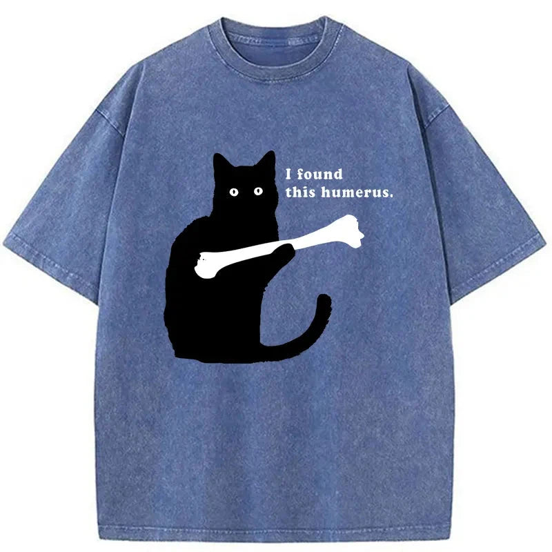 Modecanvas Cat Finds Human Bones Washed T-Shirt-modecanvas