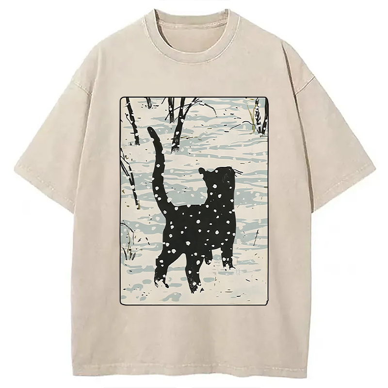 Modecanvas Cat In The Snow Washed T-Shirt