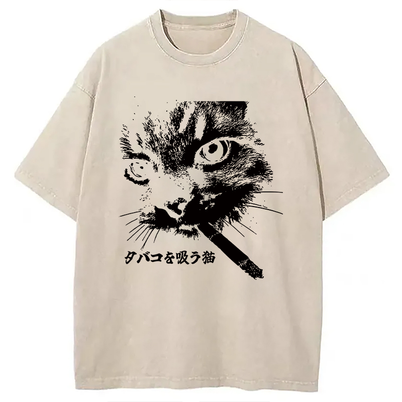 Modecanvas Retro Cat Smoking Washed T-Shirt-modecanvas