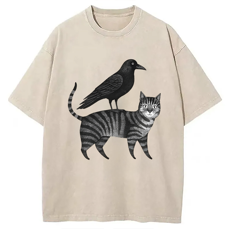 Modecanvas Crow Riding A Cat Washed T-Shirt