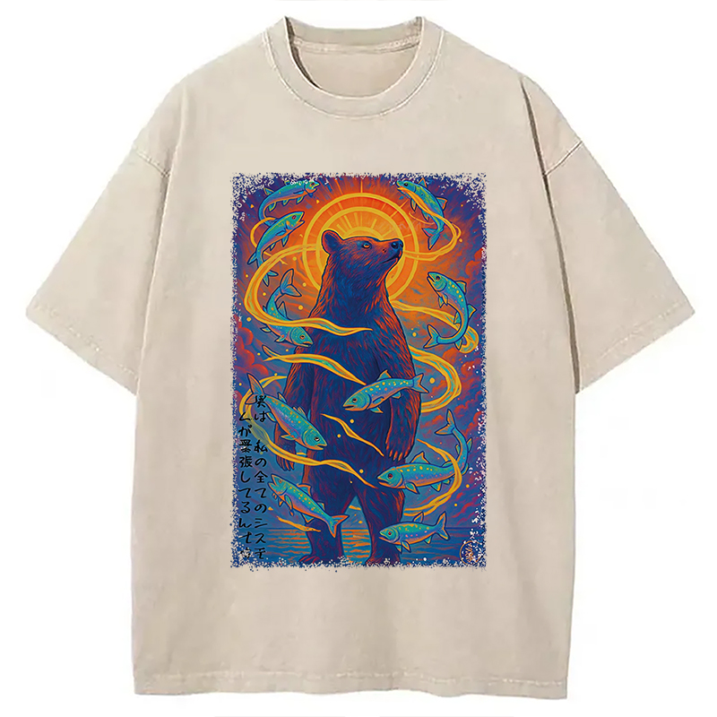 Modecanvas Ukiyoe Bear and Fish Vintage Poster Washed T-Shirt