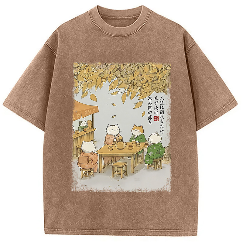 Modecanvas Cats Drinking Tea Under The Tree Washed T-Shirt