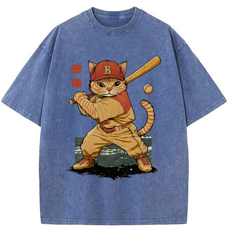 Modecanvas Baseball Cat Player Washed T-Shirt