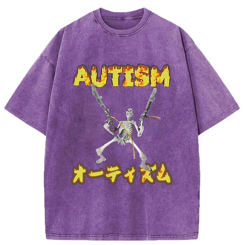 Modecanvas Autism Funny Skeleton Washed T-Shirt-modecanvas