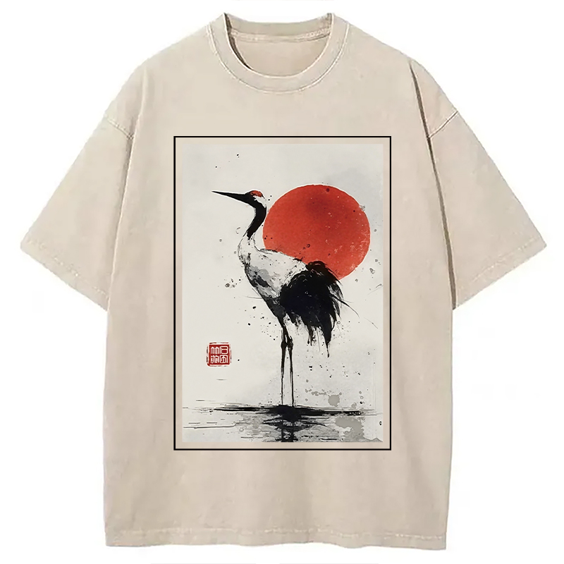 Modecanvas Retro Japanese Red-crowned Crane Washed T-Shirt