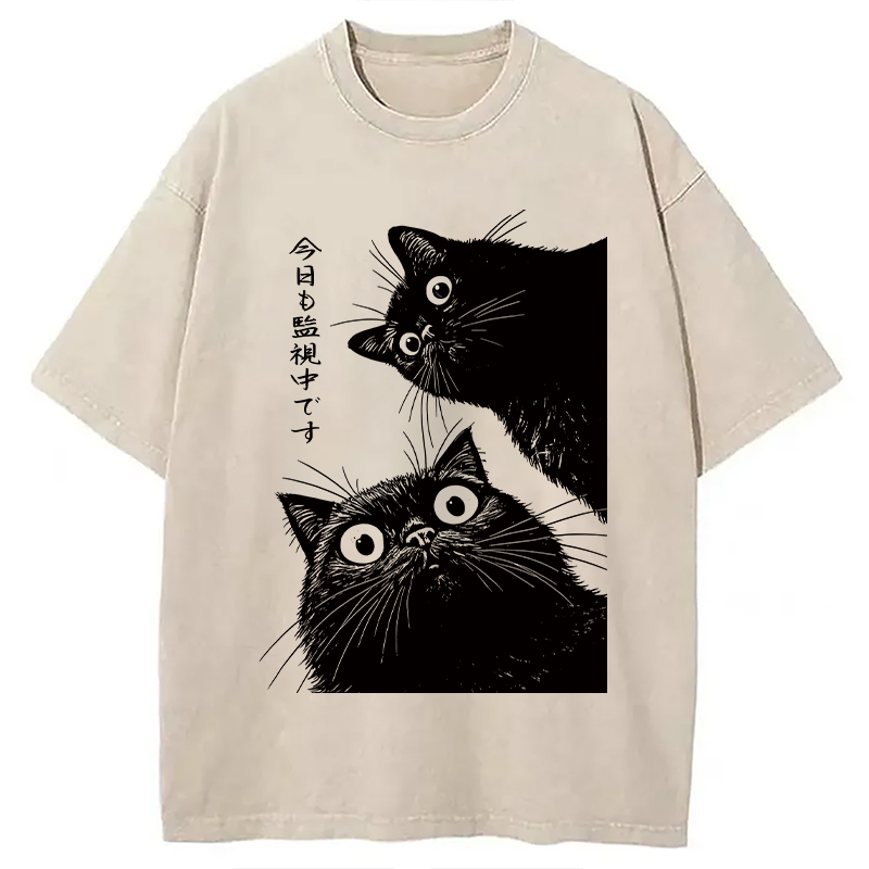 Modecanvas The Cat is Watching Today Washed T-Shirt